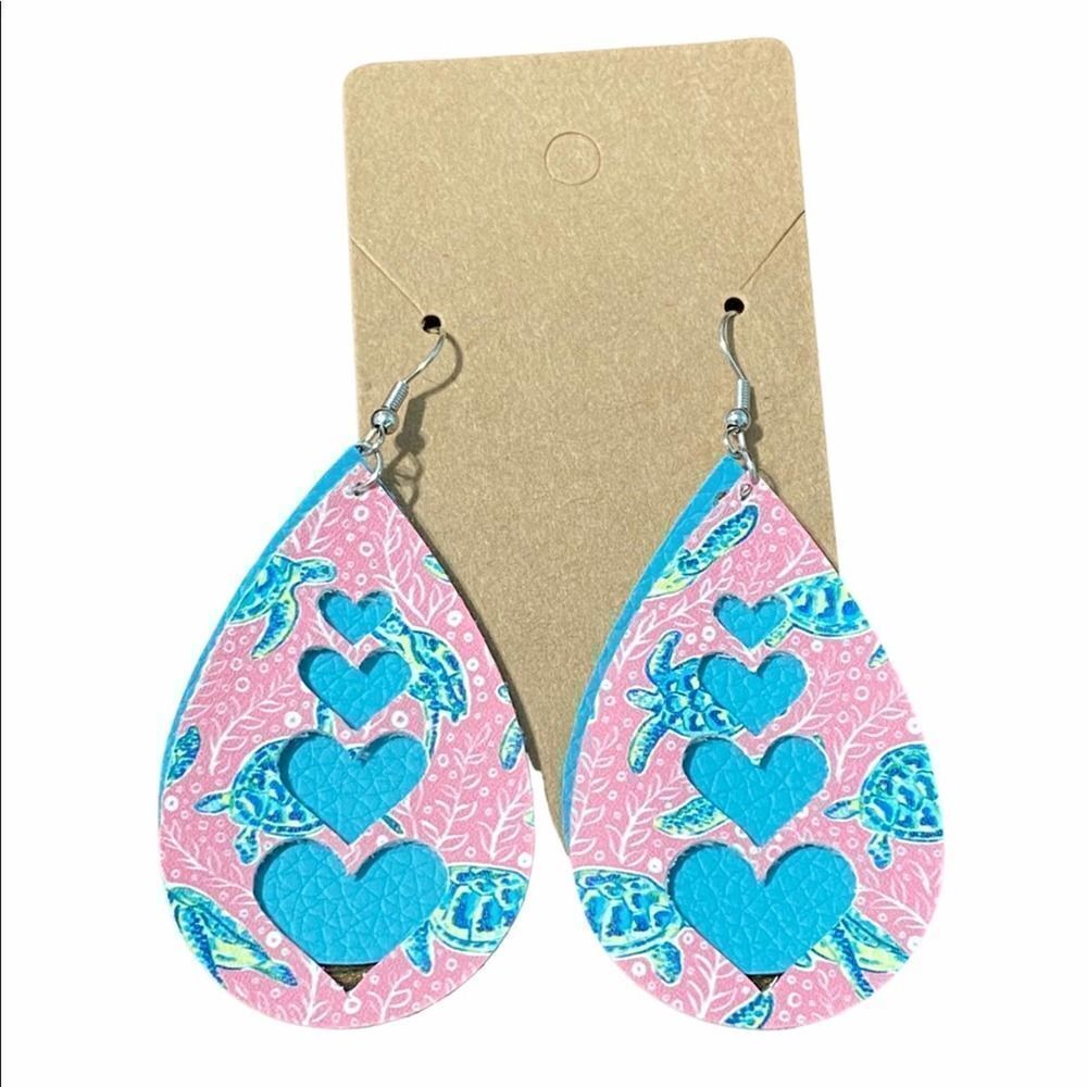 Sea Turtles‎ Dangle Drop Earrings Hearts Pink Teal